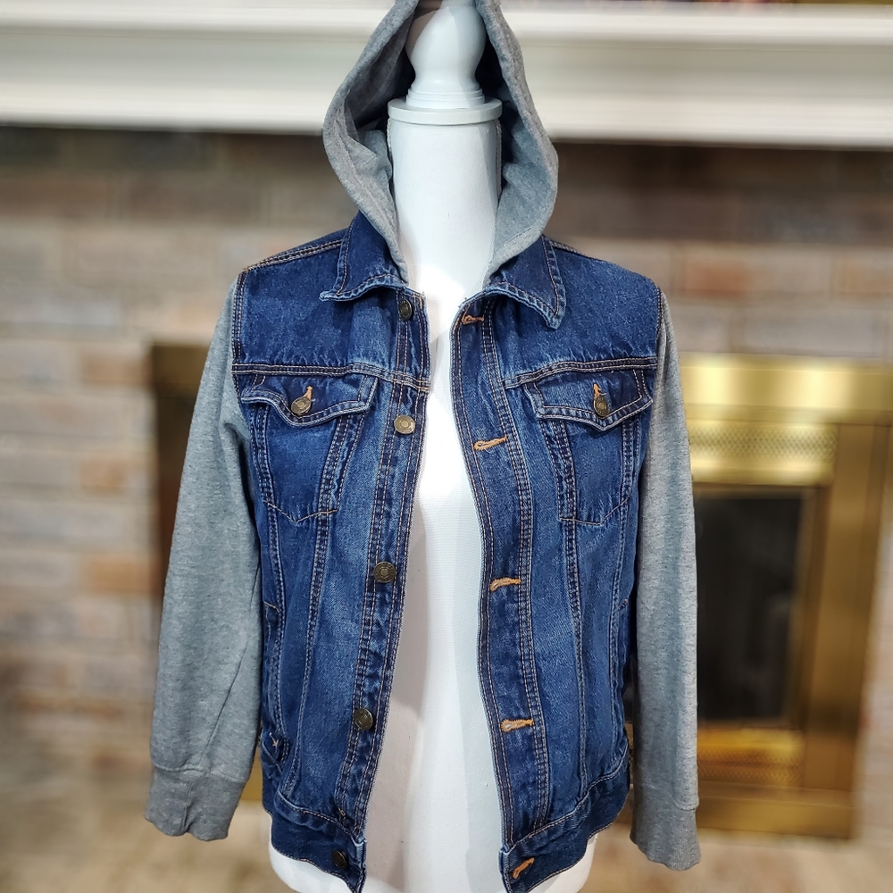 Simply Styled By sears Girls Layered Drawstring Pockets Hood Denim Jacket